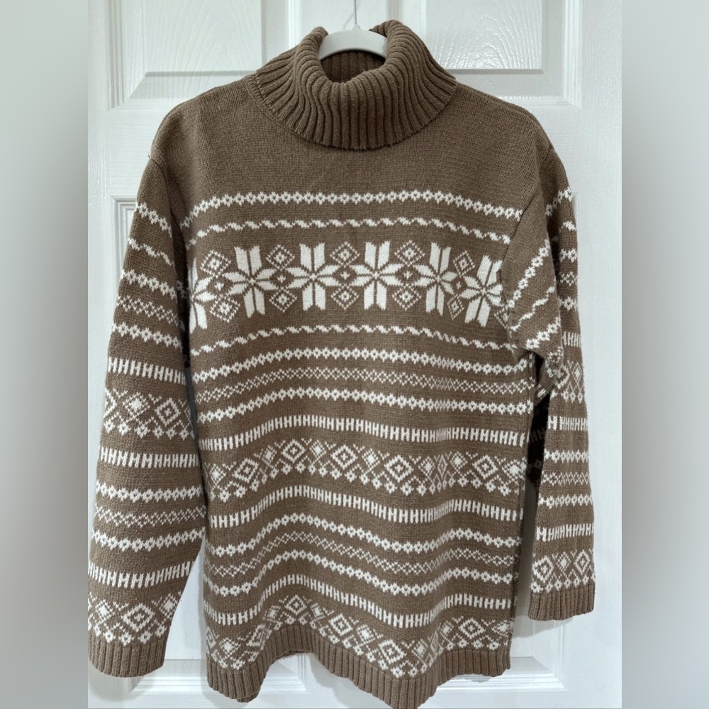 VTG Lane Bryant Design & Co SZ 14/16 Turtleneck Fair Isle Sweater Taupe Ivory